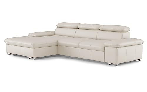 CAVADORE Echtleder-Schlafcouch Valerie mit XL-Longchair / Ecksofa mit Bettfunktion, Kopfteilverstellung + großem Longchair / 286 x 73 x 174 / Leder Weiß von CAVADORE