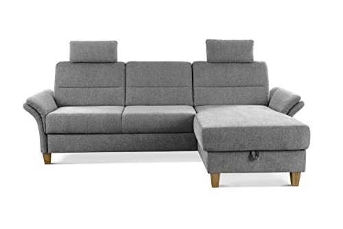 CAVADORE Ecksofa Wyk mit Federkern / Schlafsofa im Landhaus-Stil mit Longchair, Bett, Bettkasten, Armteilfunktion + 2 Kopfstützen / 252 x 90 x 162 / Chenille, Grau von CAVADORE