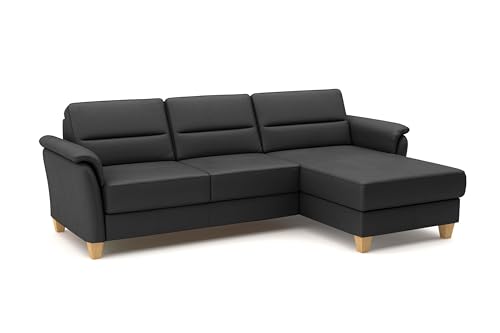 CAVADORE Leder-Eckcouch Palera mit Longchair / Landhaus-Sofa mit Federkern, Schlaffunktion + Bettkasten / 244 x 89 x 163 / Leder Schwarz von CAVADORE