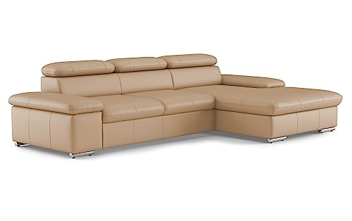 CAVADORE Leder-Ecksofa Valerie mit XL-Longchair / Eckcouch mit Kopfteilverstellung, großem Longchair + Metallfüßen / 286 x 73 x 174 / Echtleder Beige von CAVADORE