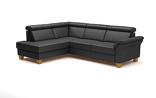 CAVADORE Leder-Schlafcouch Ammerland mit Ottomane / Landhaus-Sofa mit Federkern, Bett, Bettkasten + Kopfteilverstellung / 245 x 84 x 194 / Leder Schwarz von CAVADORE