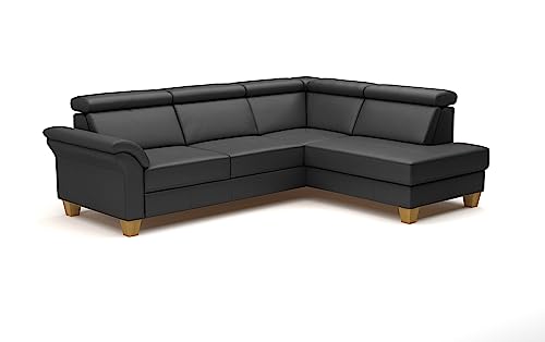 CAVADORE Leder-Schlafsofa Ammerland mit Ottomane / Landhaus-Sofa mit Federkern, Bett, Bettkasten + Kopfteilverstellung / 245 x 84 x 194 / Leder Schwarz von CAVADORE