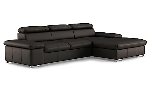 CAVADORE Leder-Schlafsofa Valerie mit XL-Longchair / Eckcouch mit Schlaffunktion, Kopfteilverstellung + großem Longchair / 286 x 73 x 174 / Echtleder Dunkelbraun von CAVADORE