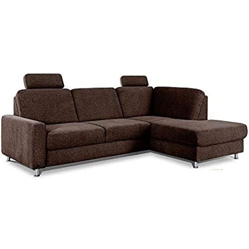 CAVADORE Ecksofa Clint / Sofaecke mit Ottomane rechts / Inkl. Bettfunktion & Kopfstützen / Soft Clean Bezug: Leichte Fleckenentfernung / 246 x 86 x 165 / Flachgewebe: Braun von CAVADORE