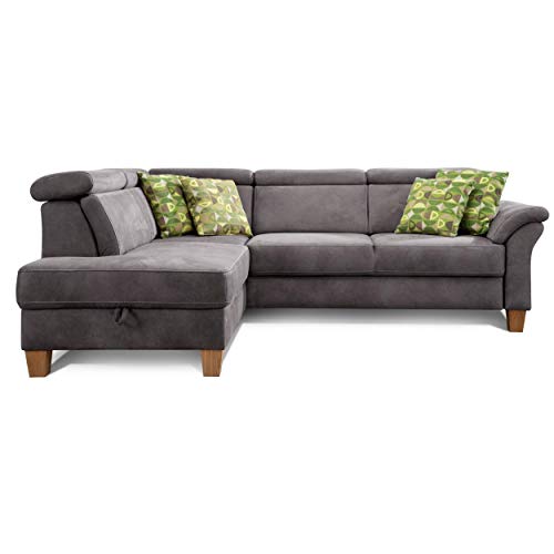 Cavadore Schlafsofa Ammerland mit Ottomane links / Federkern-Sofa im Landhausstil mit verstellbaren Kopfstützen, Bett und Bettkasten / 245 x 84 x 194 / Lederoptik dunkelgrau von CAVADORE