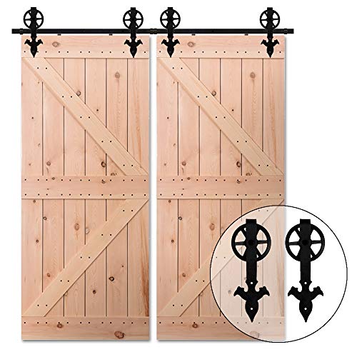 213cm/7FT Schiebe holztür,Schiebetürbeschlag Set Doppeltür Schiebetürsystem Zubehörteil,Schwarz-Big Spoke Wheel Sliding Barn Door Kit von CCJH