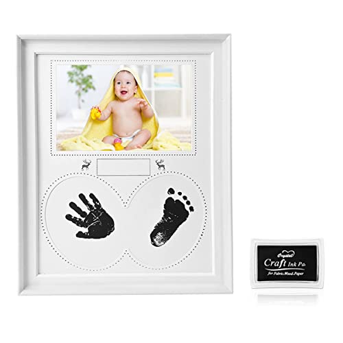 Baby Handabdruck und Fußabdruck, Baby Holz Bilderrahmen mit 6 x Druckkarten & 1 x Stempelkissen für Babyparty Geschenk, Geschenk für Neue Eltern, Kinderzimmerdekoration - Upgrade Version (White) von CECOMBINE