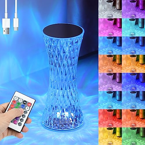 LED Kristall Tischlampe, 16 Farben & 4 Modi Moderne Acryl Tischleuchte Kabellos Touch Dimmbar Nachttischlampe mit Fernbedienung, USB Aufladbar RGB Farbwechsel Diamant Tischlampe für Schlafzimmer von CECOMBINE