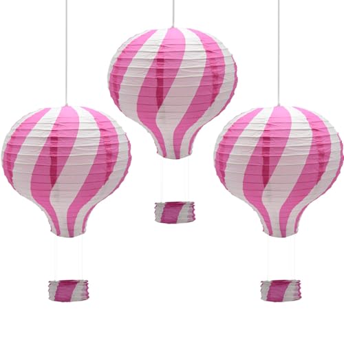 CEEYSEE 3 Stück Hängende Heißluftballon 30cm Bunt Papier Ballon Lampions mit Gondel Falten Papierlaterne für Hochzeit,Party Dekorationen (Pink/RQFNS) von CEEYSEE