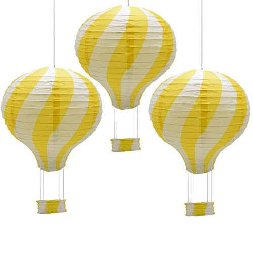 CEEYSEE 3 Stück Hängende Heißluftballon 30cm Bunt Papier Ballon Lampions mit Gondel Falten Papierlaterne für Hochzeit,Party Dekorationen (Yellow/RQHUS) von CEEYSEE