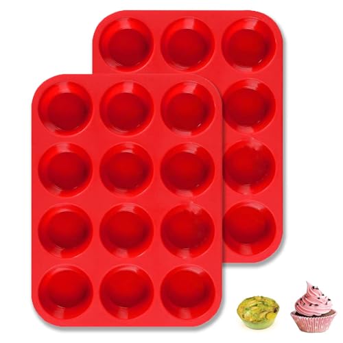 CFSVVD 2 Stück Muffinform Silikon, Silikon Muffinförmchen für 12 Muffins, Größe 29.2cm X 22cm, Antihaftbeschichtet, für Cupcakes, Brownies, Kuchen, Pudding (Farbe: Rot) von CFSVVD