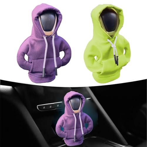 CFSVVD 2 Stück Schalthebel Hoodie, Schaltknauf Hoodie Hoodie Schaltknauf Auto Schaltknauf Abdeckung, für Auto Dekoratives, Universelles Auto-Schalthebel-Innendekorationszubehör (Lila + Grün) von CFSVVD