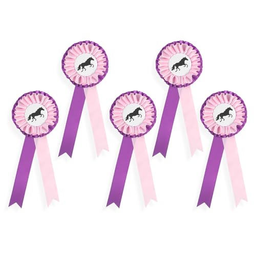 CHCAES 5 Stück Turnierschleife Pferde Set Schleifen mit Zweifachrosette Preisschleifen Pferde Medaille für Reitveranstaltungen Pink Lila von CHCAES