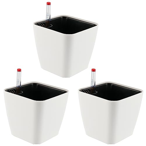 CHEUKYIU 3er-Set 14cm Plastik Selbstbewässerung Blumentopf mit Wasseranzeiger Eckig Selbstbewässerungstopf Kräuter Pflanzentopf Selbstbewässerung für Innen und Außenbereich Weiß von CHEUKYIU