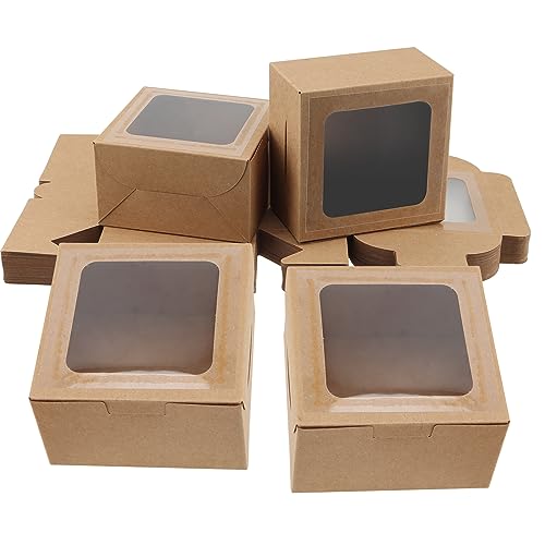 CHEUKYIU 50 Stück kraftpapier geschenkboxen mit sichtfenster Cupcake Schachtel boxen Muffin Box Verpackung Faltschachtel mit Deckel für Kekse Kuchen Dessert Party Leckereien (10x10x6 cm) von CHEUKYIU