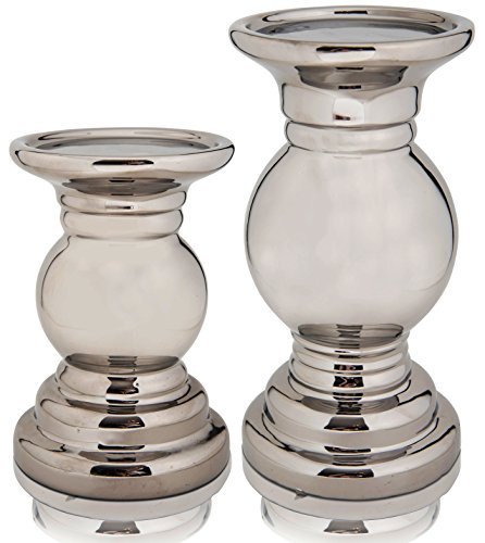 CHICCIE Keramik Kerzenhalter Racheal Silber 20cm 15cm - Kerzenständer Kerzenleuchter (2 Set - 20cm & 15cm) von CHICCIE