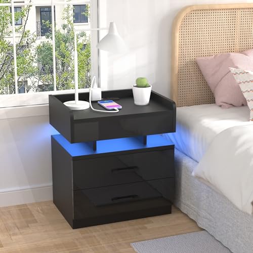 CHOWGOLI Nachttisch LED, Nachtschrank mit Steckdose und Ladefunktion, Beistelltisch mit 2 Schublade Viel Stauraum, Nightstand für Schlafzimmer Wohnzimmer, Nachttisch Schwarz, 45x35x52cm von CHOWGOLI