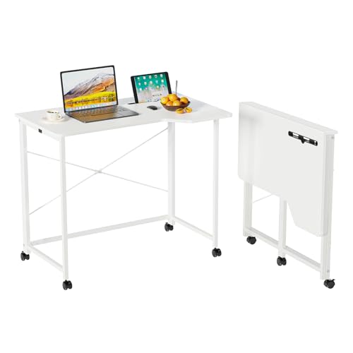 CHOWGOLI Schreibtisch klappbar mit Tablet Steckplatz, Mobiler Computertisch mit 4 Rollen, Faltbar PC Tisch Bürotisch für Home Office 90x56x75cm, Klappschreibtisch Holz Weiß von CHOWGOLI