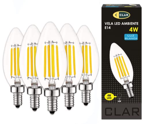 CLAR - Candle LED Lampe E14 4W Filament, Leuchtmittel E14, Vintage, LED Glühbirne E14, LED Birne Classic 30-40 W, Neutralweiß 4000ºK (Pack 5) von CLAR