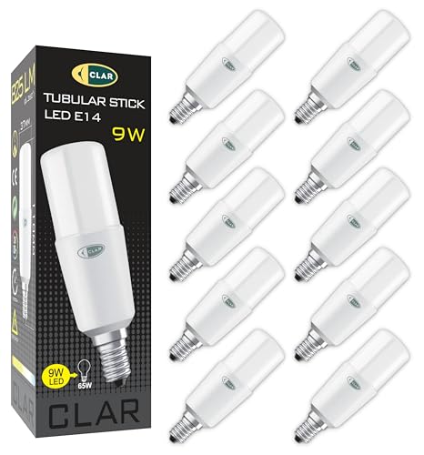 CLAR - E14 LED Lampe Stabform 9W E14 Leuchtmittel E14, Energiesparlampe E14, LED Energiesparlampe, E14, Lampe Aussenbereich, LED Längliche Glühbirne E14 Kaltweiß 6000ºK (Pack 10) von CLAR