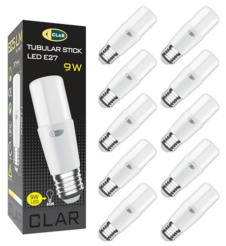 CLAR - E27 LED Lampe Stabform 9W Leuchtmittel E27, Energiesparlampe E27, LED Energiesparlampe, E27, Lampe Aussenbereich, LED Längliche Glühbirne E27 9W E27 Neutralweiß 4000ºK (Pack 10) von CLAR