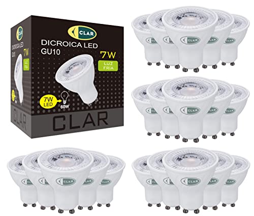 CLAR- LED GU10 LED Kaltweiß, 7W GU10 LED, Leuchtmittel GU10, GU 10 LED, LED Lampe GU10, LED Leuchtmittel GU10 Kaltweiß 6000ºk (Pack 20) von CLAR