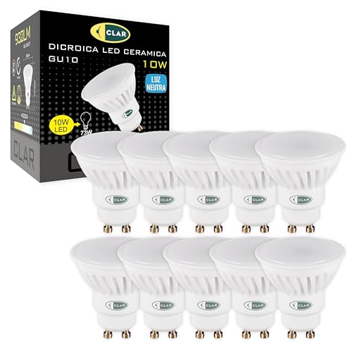 CLAR- LED GU10 LED Neutrales Weiß, 10W GU10 LED, Leuchtmittel GU10, GU 10 LED, LED Lampe GU10, LED Leuchtmittel GU10 Neutrales Weiß 4000ºk (Pack 10) von CLAR