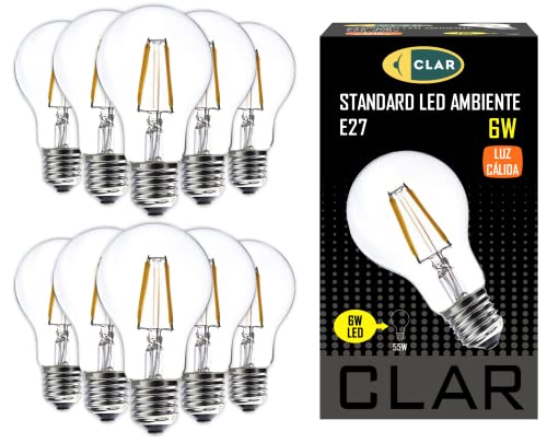 CLAR - E27 LED Vintage, E27 LED Warmweiss, LED Glühbirne E27, LED E27 Warmweiss, LED Birne E27, Leuchtmittel E27, LED Glühbirne, LED E27 60W-40W, 6W (Pack 10) von CLAR