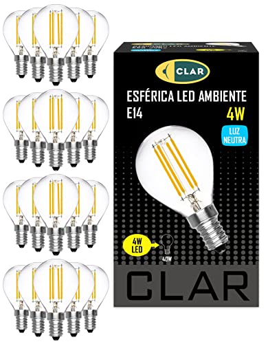 CLAR - LED Lampe E14 4W Filament, Leuchtmittel E14, Vintage, LED Glühbirne E14, LED Birne Classic 45-55 W, Neutralweiß 4000ºK (Pack 20) von CLAR