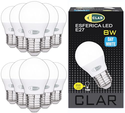 CLAR - LED Leuchtmittel E27, E27 Hue, Glühbirnen 60-70 W, Kugellampe E27, Lumen W Tabelle LED, Lühlampe,E27 LED Neutralweiß 4000ºK, E27 Mit Leuchtmittel, 8W Sfera Neutralweiß(Pack 10) von CLAR