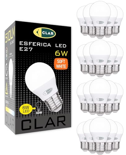 CLAR - LED Leuchtmittel E27 6W, E27 Hue, Glühbirnen 40-50 W, Kugellampe E27, Lumen W Tabelle LED, Lühlampe,E27 LED Warmweiss 2000ºK, E27 Mit Leuchtmittel, 6W Sfera Warmweiß (Pack 20) von CLAR