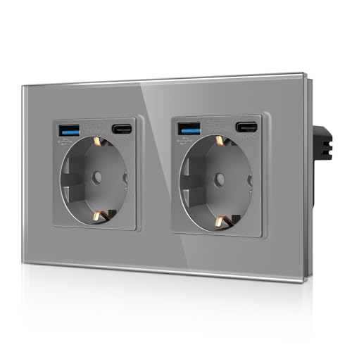 CNBINGO Doppelsteckdose mit 4× USB-Anschluss (20W Schnellladen) - 2× (Typ-C und USB-A) - Zweifach Glas Schuko Steckdose Unterputz - Grau Wandsteckdose mit Kindersicherung von CNBINGO