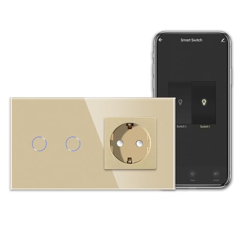 CNBINGO Smart Touchschalter mit Schuko Steckdose unterputz mit Glasrahmen, WLAN Lichtschalter Arbeit mit Alexa, Google Assistant, Wandschalter zweifach in Gold, Neutralleiter Wird Benötigt von CNBINGO