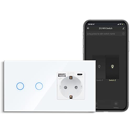 CNBINGO Smart Touch-Lichtschalter mit USB Schuko Steckdose, mit USB Anschluss und Typ C (Max. 3.1A), WLAN Lichtschalter für Alexa, Google Assistant, Schutzkontakt Wandsteckdose Unterputz, Weiß von CNBINGO