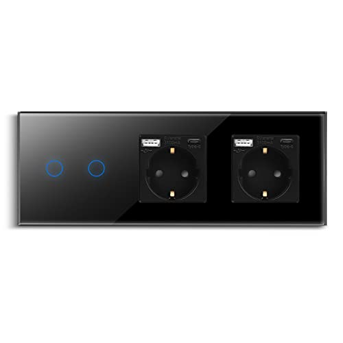 CNBINGO Touch Lichtschalter mit Doppelsteckdose mit USB Ports (Typ-C und Typ-A 3,1 Amp total) - USB Schuko Steckdose unterputz - Glas Wandschalter zweifach in Schwarz - mit Status-LED - 500W/Fach von CNBINGO