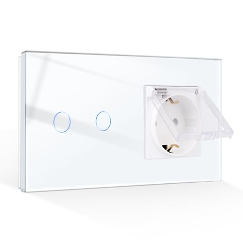 CNBINGO Touch Lichtschalter mit Wasserdicht Steckdose - Wandsteckdose Unterputz mit Klappdeckel - Glas Wandschalter zweifach in Weiß - mit Status-LED - 500W/Fach, 2- Fach von CNBINGO