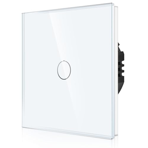 CNBINGO Touch Lichtschalter unterputz in Weiß - einfach Wandschalter mit Status-LED und Glas Panel - Kein Neutralleiter Erforderlich - 1 Fach Berührungsschalter - 500 W/Fach von CNBINGO