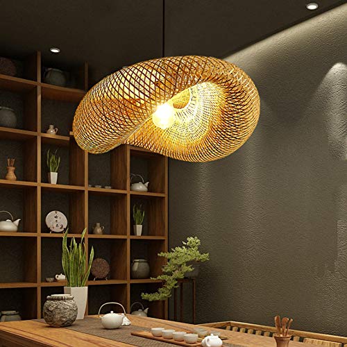 COCOL Retro Bambus Pendellampe Land Bambus Gewebte Lampe Handgewebte Hängelampe Bambus Rattan E27 Pendelleuchte Höhenverstellbare Villa Schlafzimmer Korridor Beleuchtung Dekoration Kronleuchter,50cm von COCOL