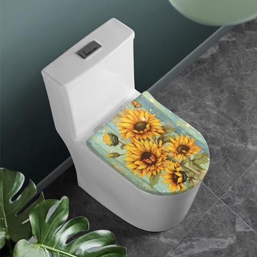 COEQINE Aqua Sunflower WC-Deckelbezug, zierliches Blumenmuster, Badezimmerteppich-Set mit WC-Deckelbezug für Badezimmer Heimdekoration von COEQINE