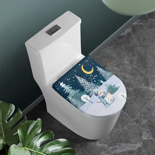 COEQINE Blauer WC-Deckelbezug, Weihnachten, Schneemann, Mond, Tresse, Druck, WC-Deckelbezug, länglich, leicht, tragbar, waschbar von COEQINE