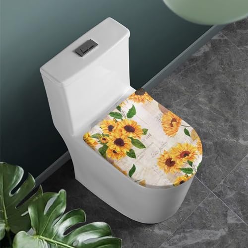 COEQINE Toilettenartikel-Deckelbezug mit Sonnenblumen-Motiv, waschbar, Badezimmer, Beige, Blumenmuster, WC-Deckelbezug mit Gummizug, rutschfest, für Heimdekoration von COEQINE