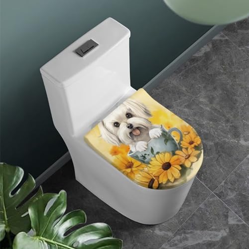 COEQINE WC-Deckelbezug, Sonnenblume, niedlicher Hundedruck, länglich, waschbar, rutschfest, für weibliche Heimdekoration von COEQINE