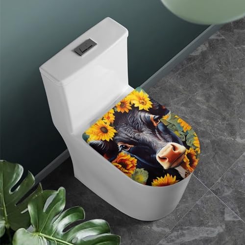 COEQINE WC-Deckelbezug, Sonnenblume, schwarze Kuhmilch-Muster, länglich, WC-Deckelbezug, waschbar, rutschfest, für Zuhause, Badezimmer, Dekoration von COEQINE