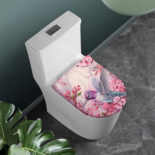 COEQINE WC-Deckelbezug-Set, niedlicher Kolibri, rosa Blumendruck, Toilettensitz-Deckelbezug, oval, länglich, für Heimdekoration von COEQINE