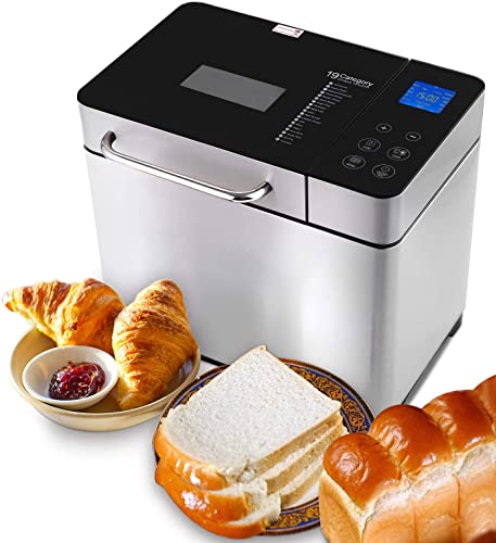 Brotbackautomat 710W Backmeister mit Automatische Zutatenbox, 19 Programme, Edelstahl Bread Maker Vollautomatische mit 15 Stunden Timing-Funktion, Sichtfenster Silber von COOCHEER