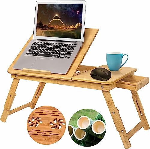 Laptoptisch aus Bambus, Höhenverstellbar Laptopständer, Klappbar Notebooktisch mit kleine Schublade, 5 Neigungswinkel Verstellbar Laptop Tisch für Bett, Frühstückstablett, 55x35cm von COOCHEER
