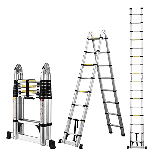 Teleskopleiter aus Aluminium,5 Meter, Klappleiter, Mehrzweckleiter Stehleiter, Ausziehbarer Leiter, Maximale Traglast: 150 kg., Silber von COOCHEER