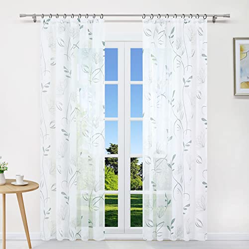 CORLIF Gardinen mit Kräuselband Gardinenschals Halbtransparent Voile Vorhänge mit Blumen-Druckmuster Fensterschal für Wohnzimmer Weiß BxH 140x175cm 2 Stück von CORLIF