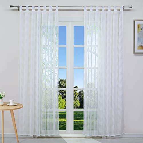 CORLIF Gardinen mit Schlaufen in Leinenoptik halbtransparenter Vorhang mit Jacquard-Muster Wohnzimmer Gardinenschals Weiß 2er-Set BxH 140x225cm von CORLIF