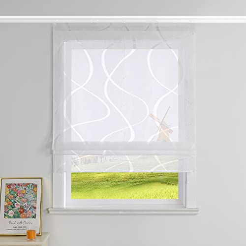 CORLIF Raffrollo Ausbrenner Gardinen Küchen Raffgardinen Landhaus Transparente Bändchenrollo mit Wellenmuster Kurzvorhang Modern Rollos mit Klettband Weiß BxH 140x140 cm 1 Stück von CORLIF